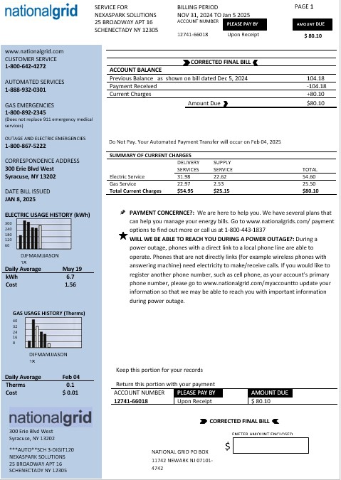 USA New York National Grid business utility bill template in Word and PDF formats